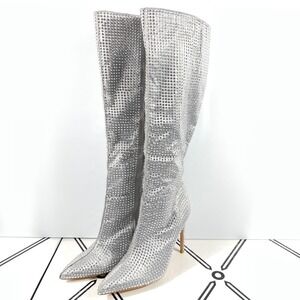 Silver Rhinestone Knee High Boots Pointed Toe Stiletto Heel Size 11 Party Glam